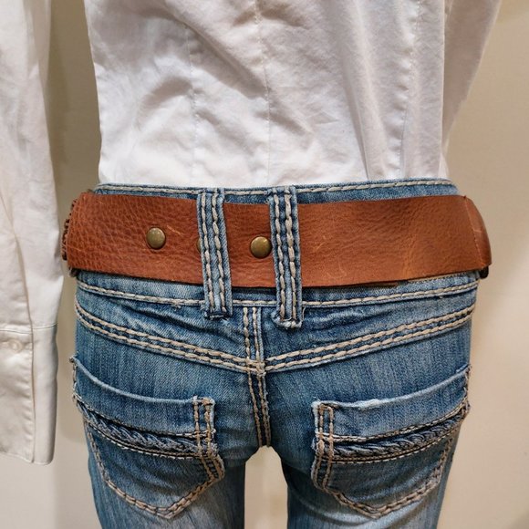 ?STUNNING?Vintage Genuine Leather and Stones Embellished Belt in Cognac Brown main image 6
